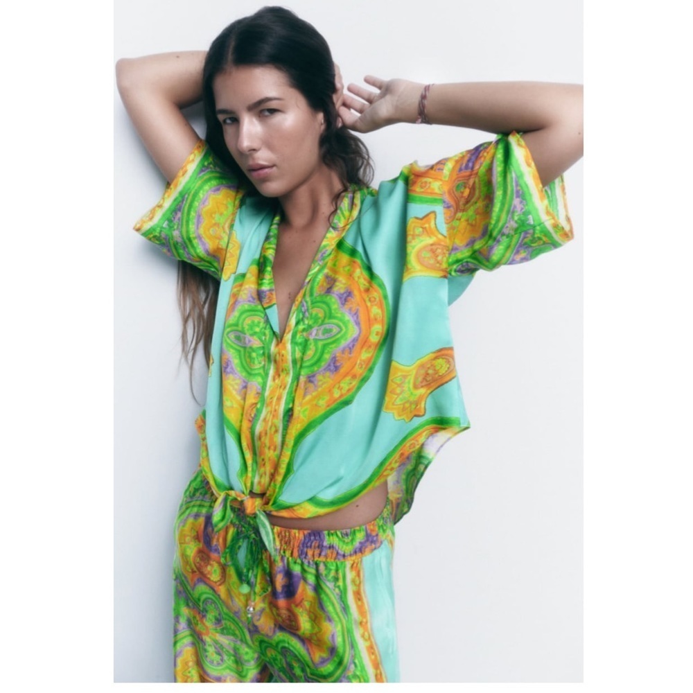 Zara Turquoise + Yellow Paisley Tie-Front Blouse